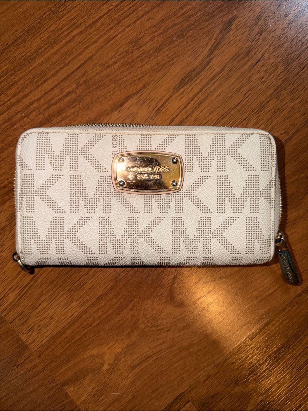 Michael Kors Cream Logo Zip Wallet with Gold Plate